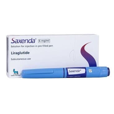 Saxenda packaging box and injection pen on a white background