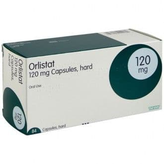 A box of Orlistat in packaging on a white background
