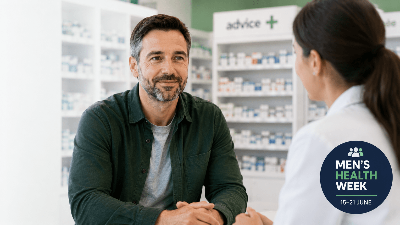 A man sitting in a pharmacy talking to a pharmacist